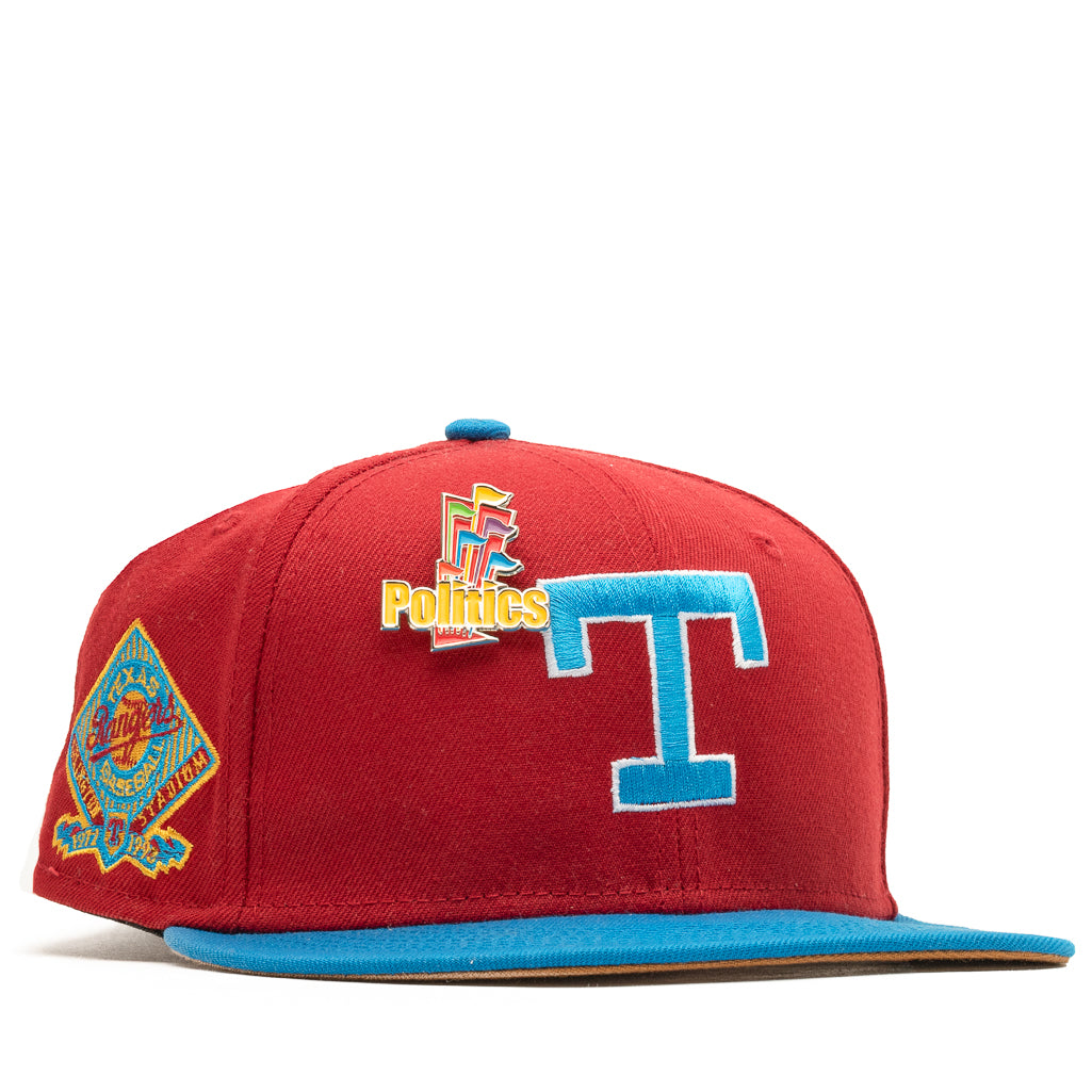 New Era x Politics Texas Rangers 59FIFTY Fitted Hat - Pinot Red/Cardinal Blue